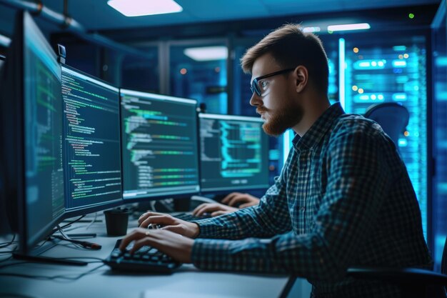 Foto programador de ti masculino codificando con un equipo joven en el centro de datos