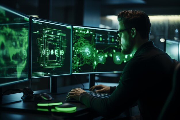 Programador de TI que trabaja en una computadora de escritorio en un centro de datos