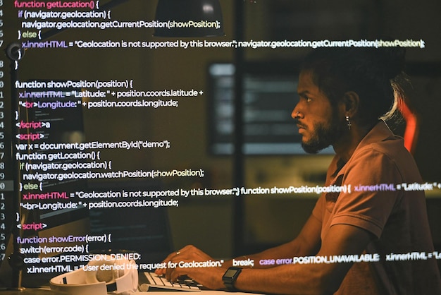 Programador trabajando con códigos de seguridad hasta altas horas de la noche.