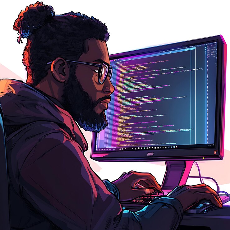 Foto programador trabajando en una computadora con código en la pantalla