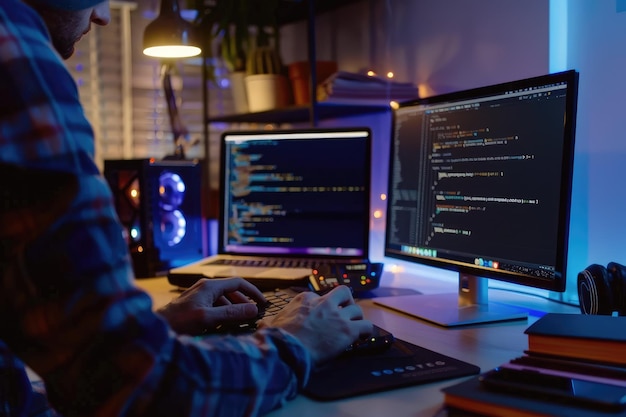Programador trabajando en una computadora en una habitación oscura Programador codificando código en una computador de escritorio