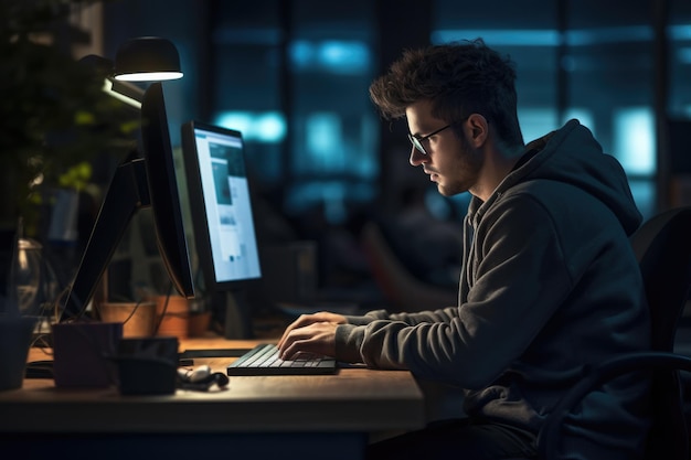 Foto programador trabajando en una computadora portátil en la oficina concepto de codificación y desarrollo de software