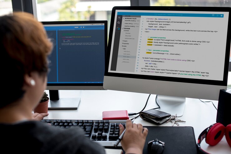 Foto programador trabajando con software de computadora.