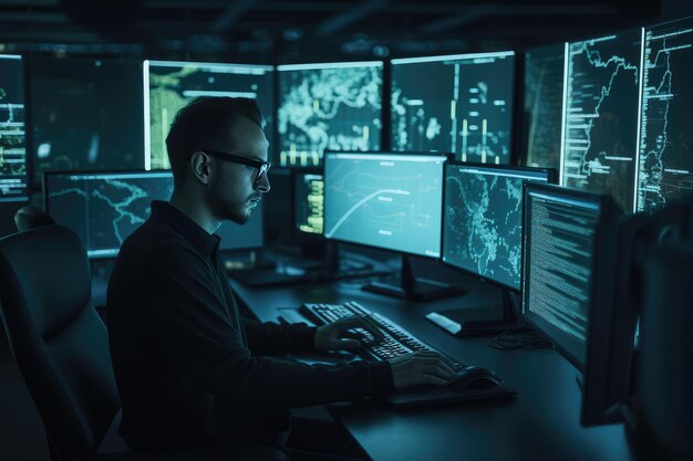 Programador trabajando en su computadora rodeado de monitores que muestran código generativo ai