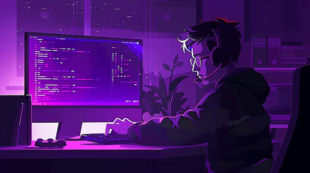 Programador trabajando hasta tarde en la noche codificando en una habitación de NeonLit