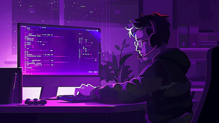 Foto programador trabajando hasta tarde en la noche codificando en una habitación de neonlit