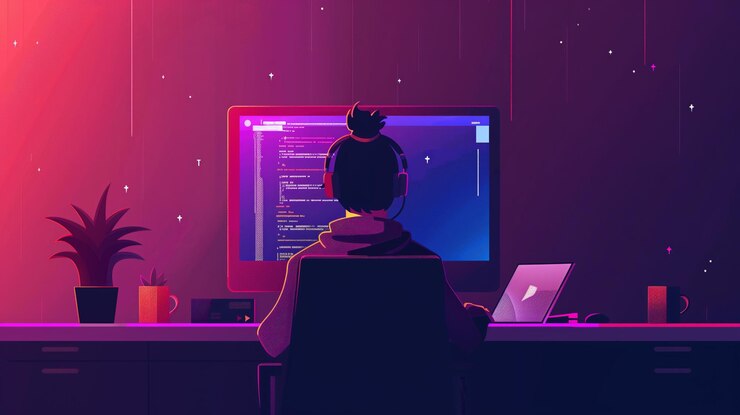 Foto programador trabajando hasta tarde en la noche ilustración de arte digital