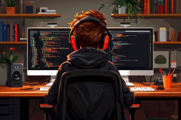 Programador trabajando hasta tarde en la noche en una oficina en el hogar