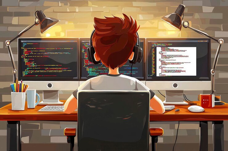 Foto programador trabajando hasta tarde en la noche en un proyecto de codificación