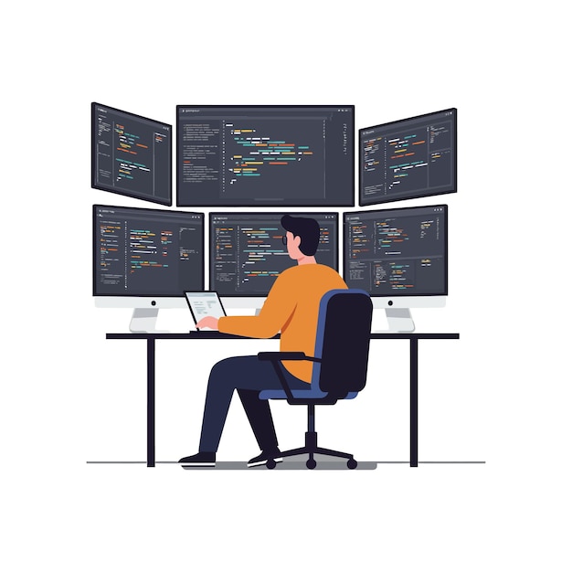 Programador trabalhando em uma mesa com várias telas em arte vetorial plana