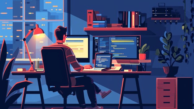 Programador trabalhando no computador no escritório à noite Programador codificando código na tela do computador ilustração IA geradora