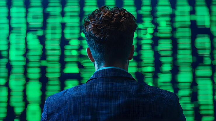 Foto el programador ve el código en la pantalla