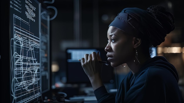 Programadora afroamericana mirando líneas de código en una pantalla IA generativa
