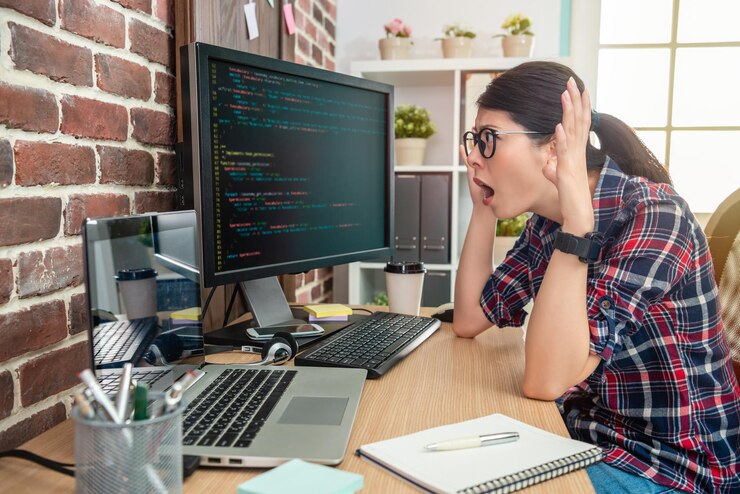 Foto programadora asiática que se siente loca y abrumada por trabajar en la oficina.