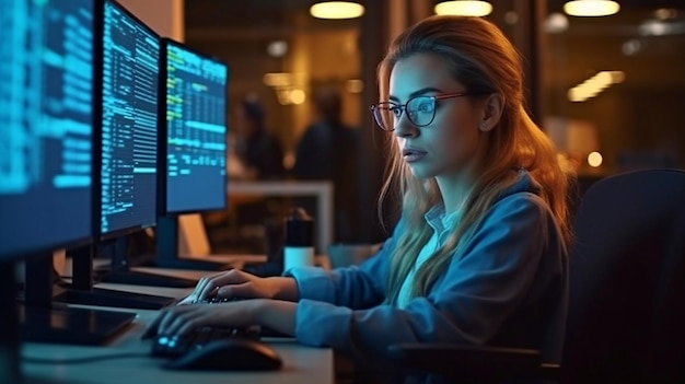 Una programadora está escribiendo una idea de TI llamada IA generativa en la oficina mientras está sentada frente a la pantalla de una computadora