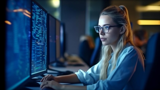 Una programadora está escribiendo una idea de TI llamada IA generativa en la oficina mientras está sentada frente a la pantalla de una computadora