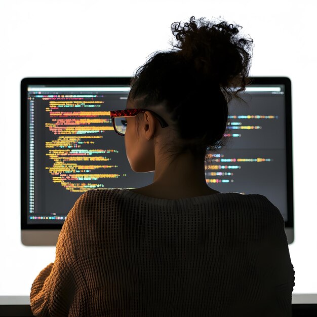 programadora femenina trabajando con computadora en la oficina por la noche aislada sobre un fondo blanco