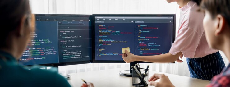 Foto la programadora presenta la codificación del programa mientras el gerente escucha