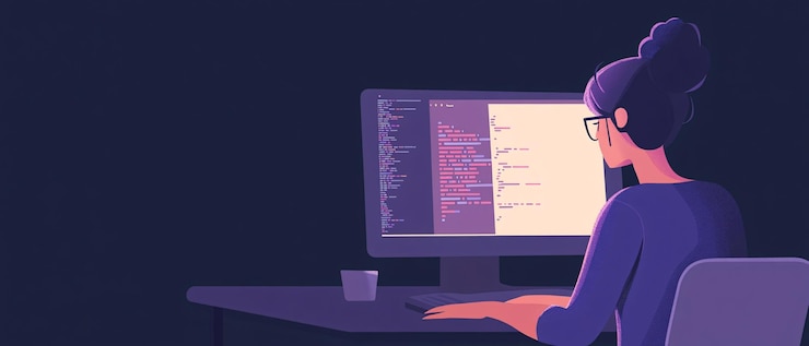 Foto programadora que trabaja hasta tarde en la noche en el código informático