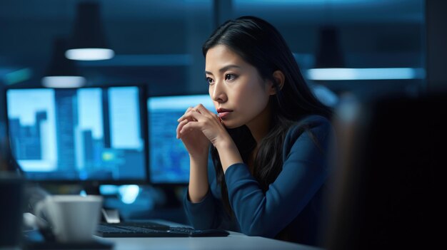 Una programadora seria y enfocada trabajando en una PC en su oficina.