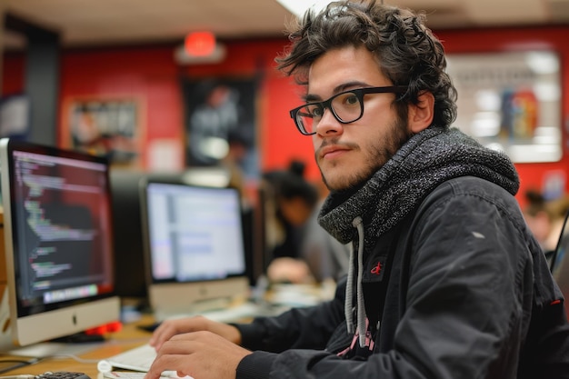 Foto los programadores de computadoras trabajan con computadoras para desarrollar nuevos programas de software