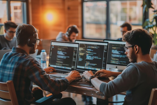 Foto los programadores de ti usan la computadora juntos los ingenieros de software desarrollan programas de aplicaciones