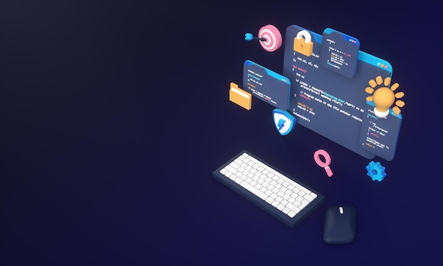Programmiercode für die Webentwicklung oder App-Entwicklung und Webdesign auf dem Computer für SEO 3D-Hintergrund