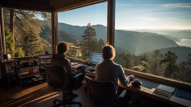 Foto programmierer arbeiten mit computern in einem büro in den bergen ein panorama-fenster mit blick auf die natur generative ki