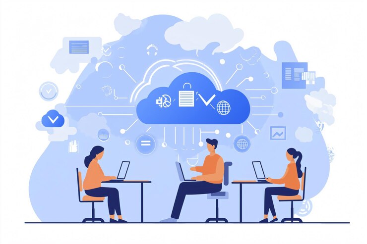 Foto programmierer, die cloud computing zum teilen von daten und dateien verwenden, softwareentwicklung und outsourcing-konzept