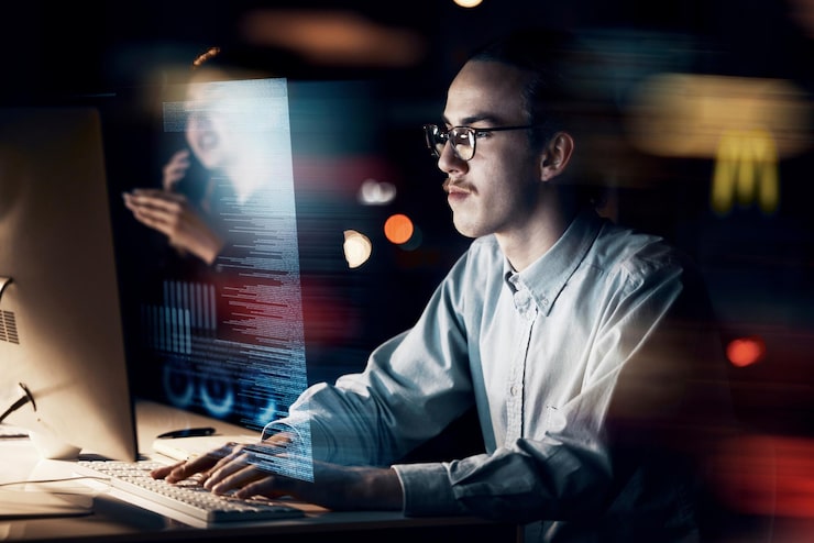 Foto programming coding and website with man at computer for software cyber and digital transformation at night data analytics developer and future with employee for media database and 3d matrix