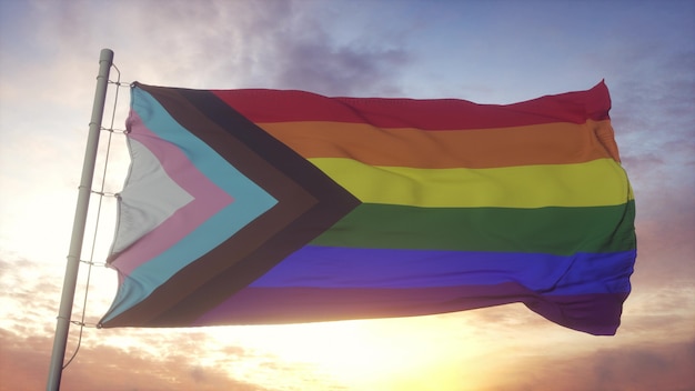 Foto progreso bandera lgbt ondeando en el fondo del viento, el cielo y el sol. representación 3d