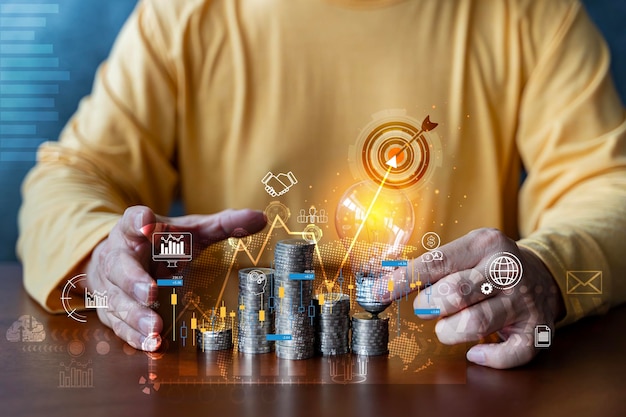 Progreso del crecimiento empresarial o concepto de éxito Empresario que muestra un creciente stock de hologramas virtuales Finalización exitosa de tareas comerciales Marketing digital de estadísticas de nivel superior del gráfico