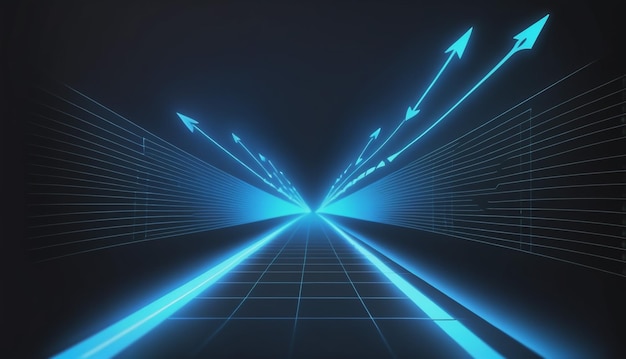 Progreso luminoso Abstracto Flecha azul brillante con cuadrícula de líneas en el fondo de tecnología de alta tecnología