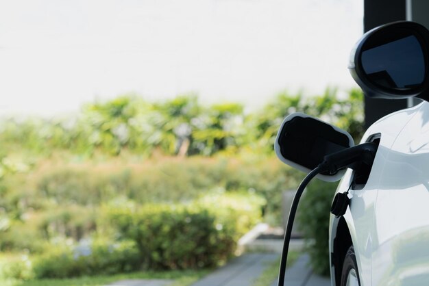 Foto progressives konzept von ev-autos mit ladestation in einer natürlichen landschaft auf der grünen wiese