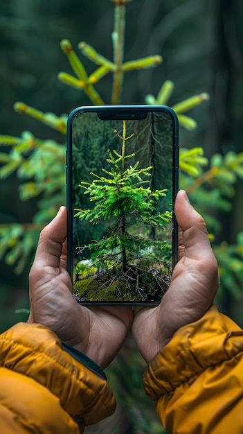 Foto progresso conservacionista documentando o reflorestamento com telefone para o conceito de estoque de fotos ultra-realistas