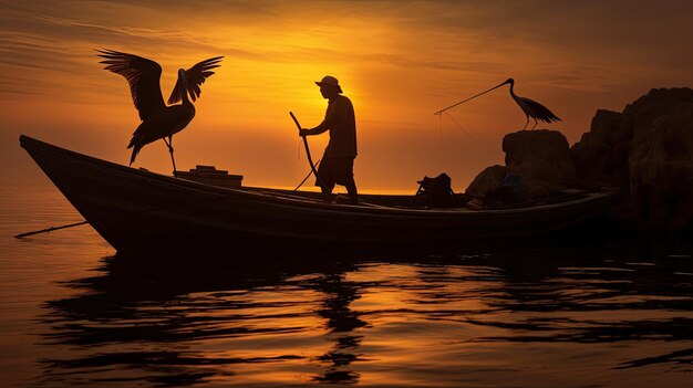 En Progresso, México, los pescadores en un pequeño barco se siluetan contra una fuerte luz de fondo con un cormorán neotrópico posado en las rocas cercanas