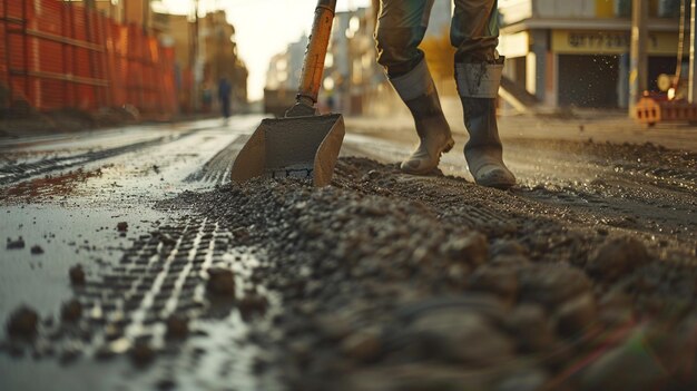 Foto progresso no derramamento de cimento trabalhador de construção a limpar a rua lamacenta