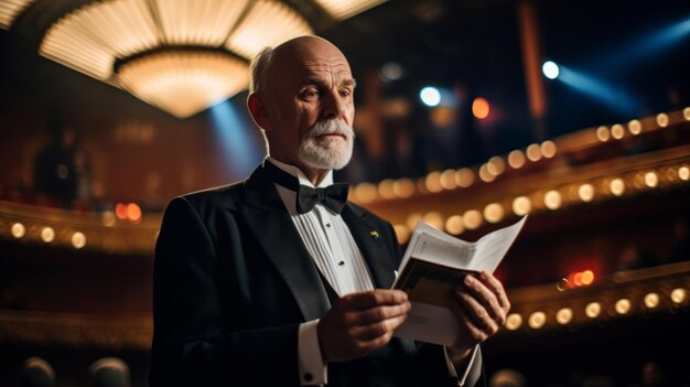 Foto projeção de cinema teatral introduz o programa de smoking na mão, destacando a sofisticação