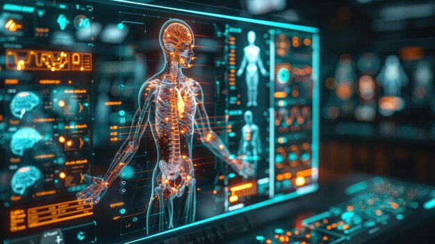 Projeção de holograma médico de um corpo humano com visualização anatômica interativa conceito educacional