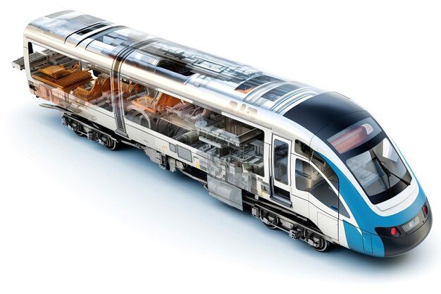 Projeção de um trem moderno ou locomotiva elétrica Visualização gráfica 3D mostrando a análise e otimização de um protótipo de trem totalmente desenvolvido Tecnologias modernas de engenharia mecânica