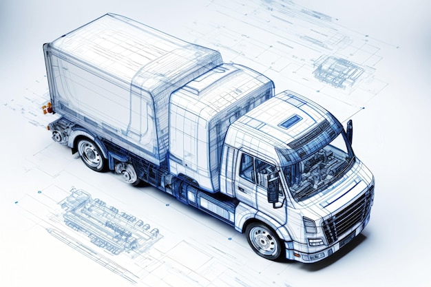 Projektion eines modernen LKW oder LKW 3D-grafische Visualisierung zeigt die Analyse und Optimierung eines vollständig entwickelten Fahrzeugprototyps Moderne Technologien des Maschinenbaus