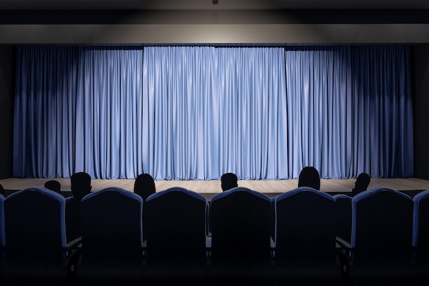Projektorlicht auf blauer Backstage mit Copyspace in der Aufführungshalle und Zuschauern auf Sitzen 3D-Rendering-Attrappe