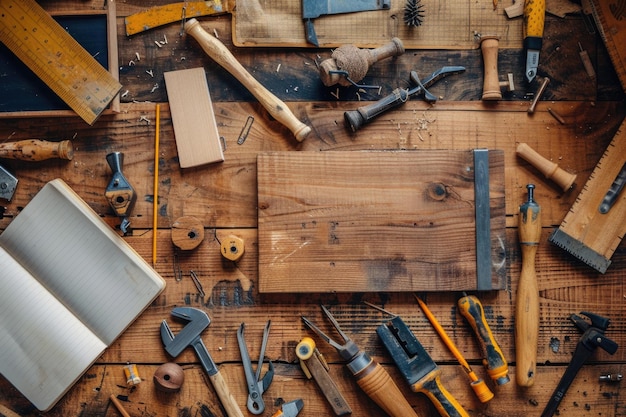 Projektplanung in der Tischlerkunst mit Werkzeugen auf dem Werkstatttisch