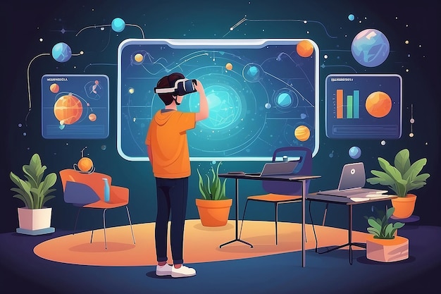 Projetar um gráfico vetorial de alunos usando tecnologia VR para explorar conceitos científicos em um ambiente virtual ilustração vetorial em estilo plano