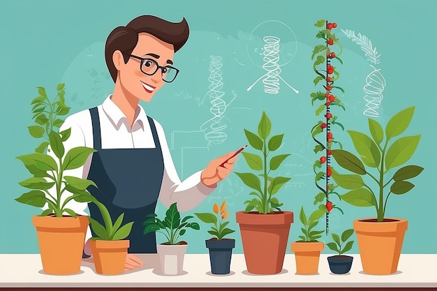 Projetar um gráfico vetorial de um professor explicando os princípios da modificação genética em plantas