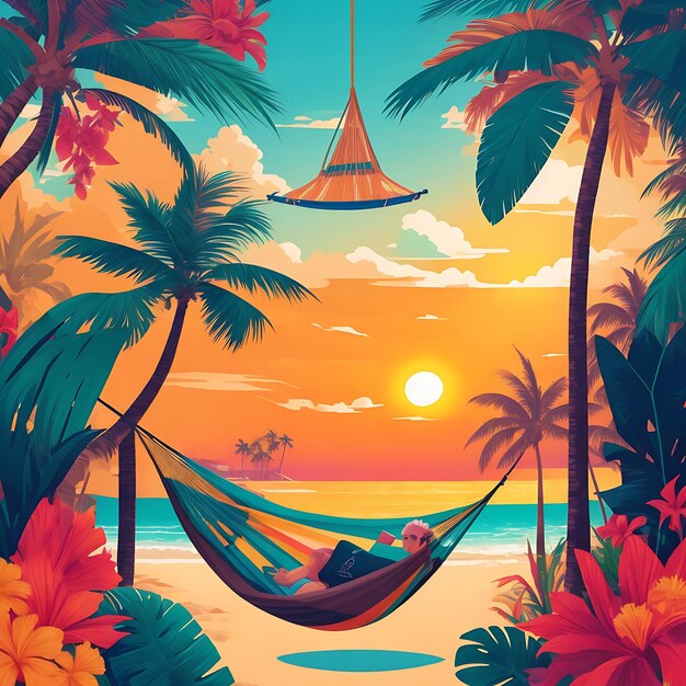 Projetar um gráfico vetorial inspirado em paraísos tropicais com palmeiras flores exóticas, etc.