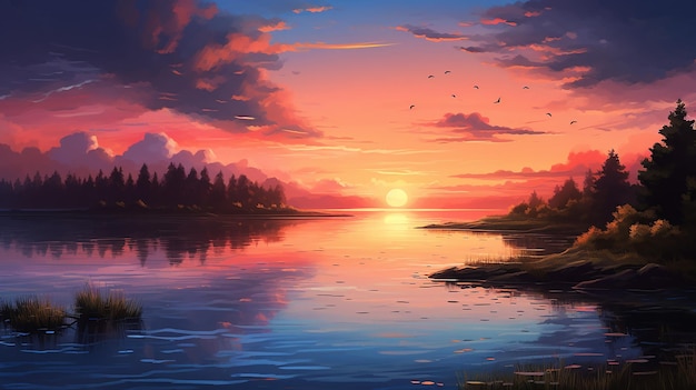 Projetar uma cena serena de pôr-do-sol sobre um lago tranquilo com reflexos na água