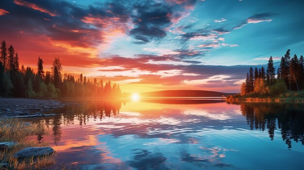 Foto projetar uma cena serena de pôr-do-sol sobre um lago tranquilo com reflexos na água