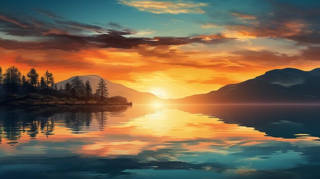 Foto projetar uma cena serena de pôr-do-sol sobre um lago tranquilo com reflexos na água