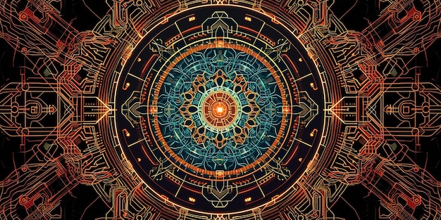 Projetar uma mandala inspirada na tecnologia com padrões intrincados e motivos de circuitos